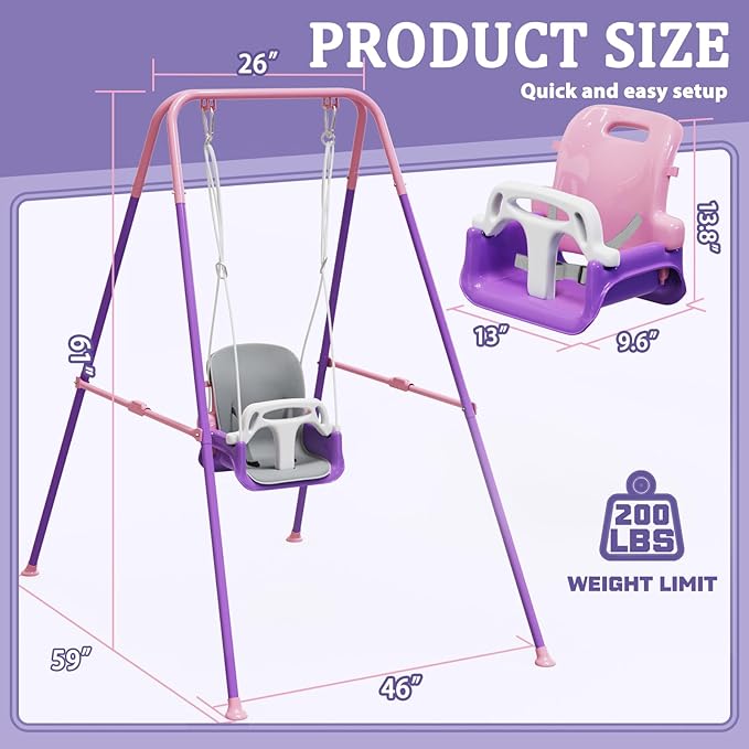 2 in 1 Toddler Swing & Baby Jumper, Foldable Baby Bouncer with Soft Cushion, Foldable Indoor & Outdoor Use, Easy to Install & Store Swing Sets for Backyard Play (Pink)