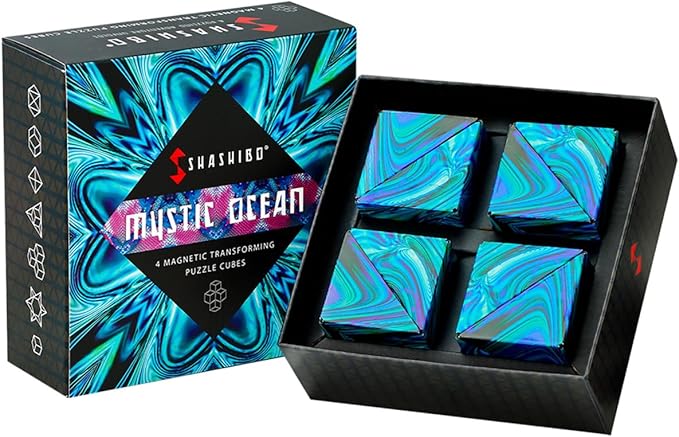Shashibo Shape Shifting Box - Award-Winning, Patented Fidget Cube w/ 36 Rare Earth Magnets - Transforms Into Over 70 Shapes, Gift Box, Download Fun in Motion Toys Mobile App (Mystic Ocean, 4 Pack)
