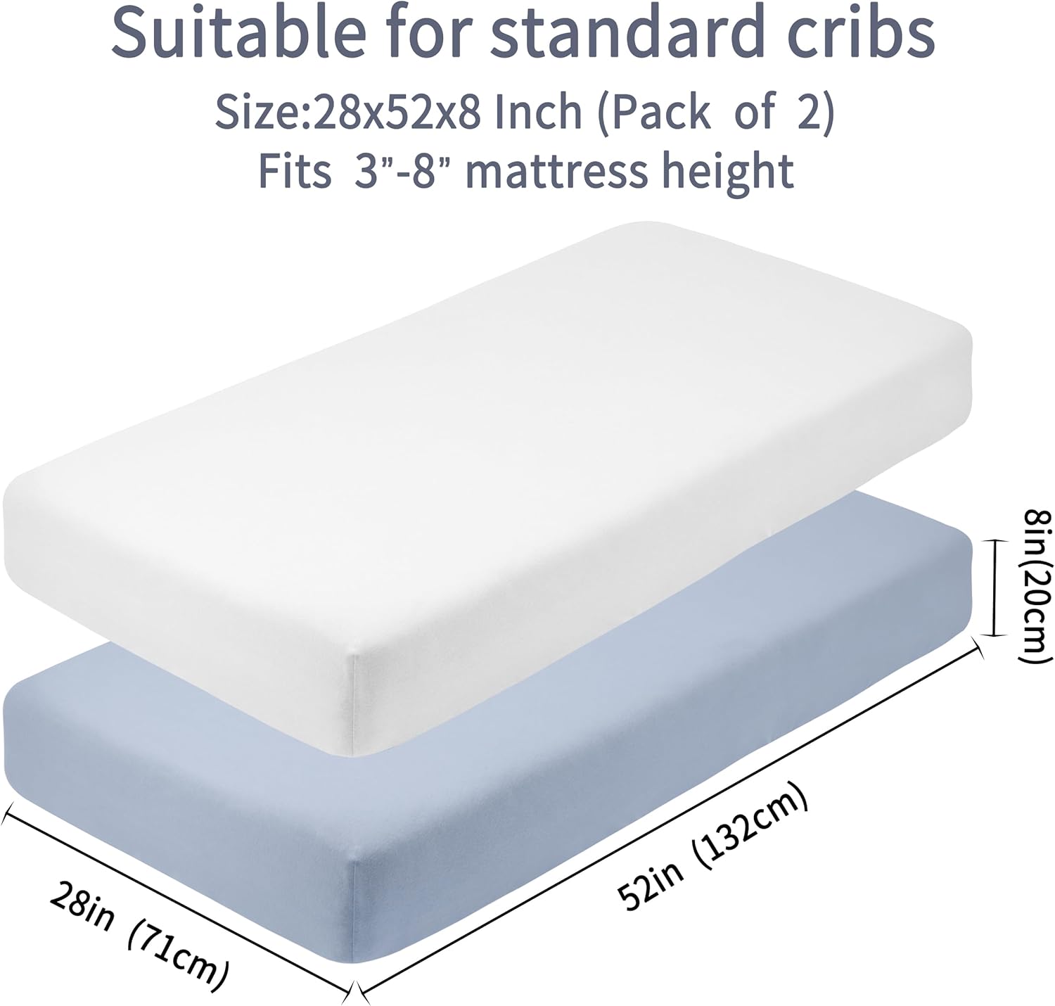 Crib Sheets for Boys Girls,100% Cotton Fitted Crib Sheet 2 Pack for Standard Crib and Toddler Mattress, Super Soft Breathable Baby Sheet 28x52x8in (White & Gray)
