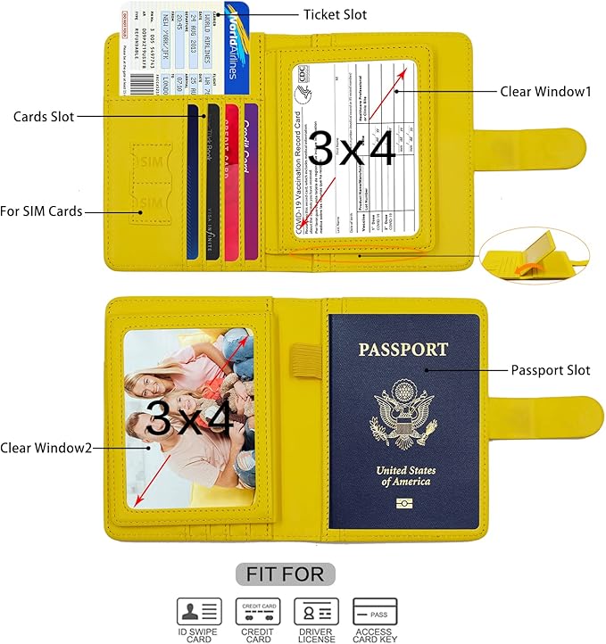 Melsbrinna RFID Passport Holder for Travel Women/Men, Cute RFID Blocking Wallet with Card Slots, Travel Wallet/Passport Case (1, Yellow)
