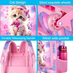 gxtvo Girls Rolling Backpack, Cute Cat Roller Wheels Kids Bookbag - Wheeled Elementary School Bag - 3PCS Cat