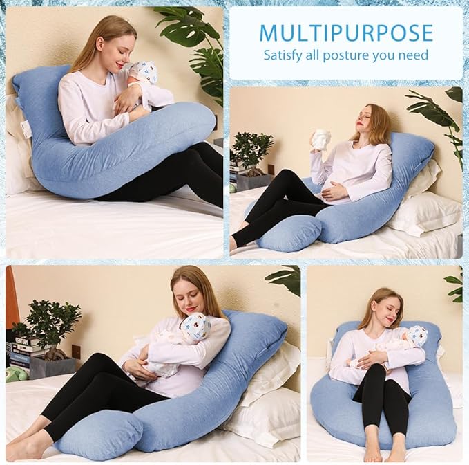 Chilling Home Pregnancy Pillow, U Shaped Pregnancy Pillows for Sleeping Full Body Pillow Maternity Pillow for Pregnant Women 58 inch, Pregnant Women Must Have with Removable Cover, Blue-Jersey