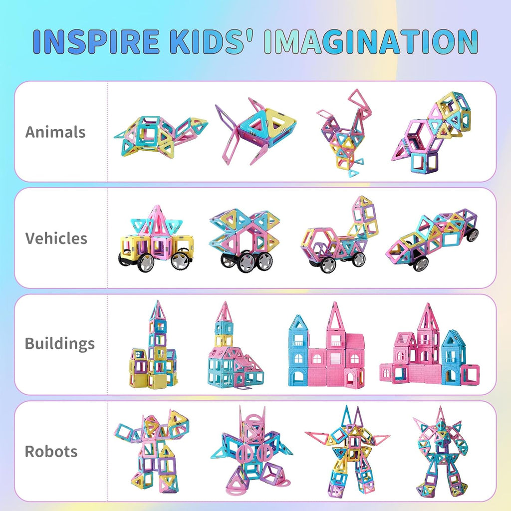Magnetic Tiles Building Blocks Toys for Kids, 136 Pieces 3D Creative Castle Construction Magnetic Stacking Set Preschool Intelligence STEM Toys for Girls Boys Age 3years and Up (Educational Set)