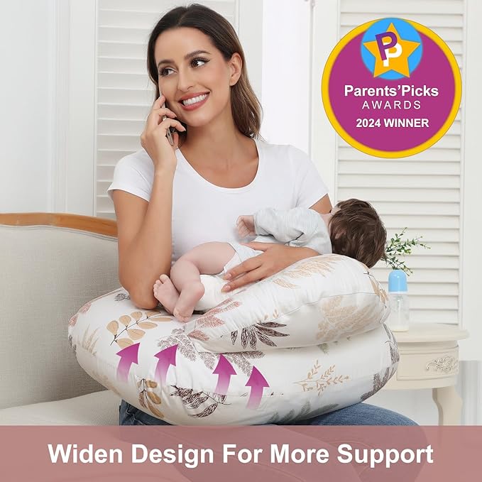 Nursing Pillow for Breastfeeding, Breastfeeding Essentials for Newborn, More Support for Mom and Baby, with Adjustable Waist Strap and Removable Cotton Cover (Small Leaves)
