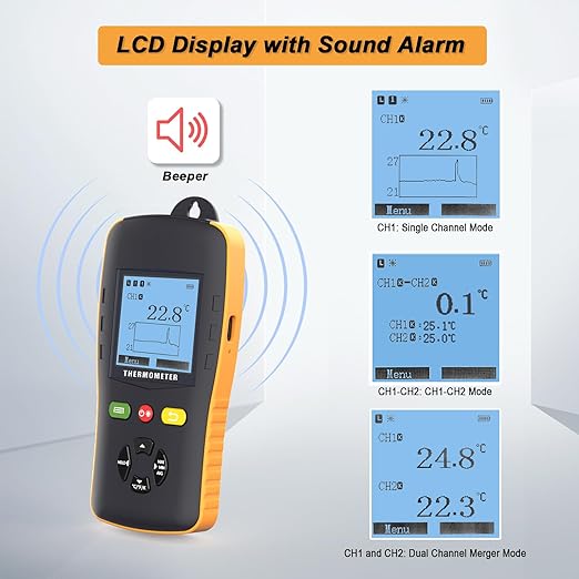 Tzone PT100 Thermometer Data Logger with Probe,Handheld USB Temperature Logger with Sound Alarm Temp Calibration,Industrial Digital Dual Channel RTD Thermometer Recorder with Auto Report 61440 Groups