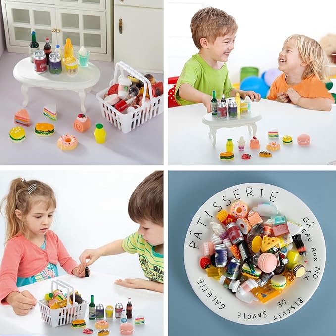 50 Pcs Miniature Food Drink Bottles Soda Pop Cans Pretend Play Kitchen Game Party Accessories Toys Hamburg Cake Ice Cream for 1/12 Doll House (25Food+25Drink)