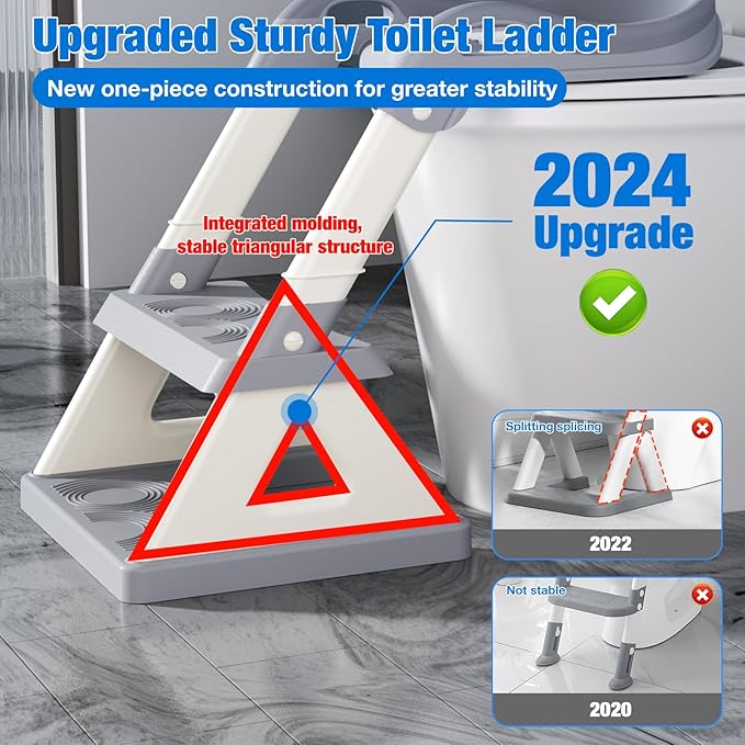 Potty Training Seat with Step Stool Ladder, Upgrade Triangular Stabilized Base 2-IN-1 Toddler Toilet Seat with Splash Guard, Anti-Slip Pad, and Step Stool (Agate Grey)