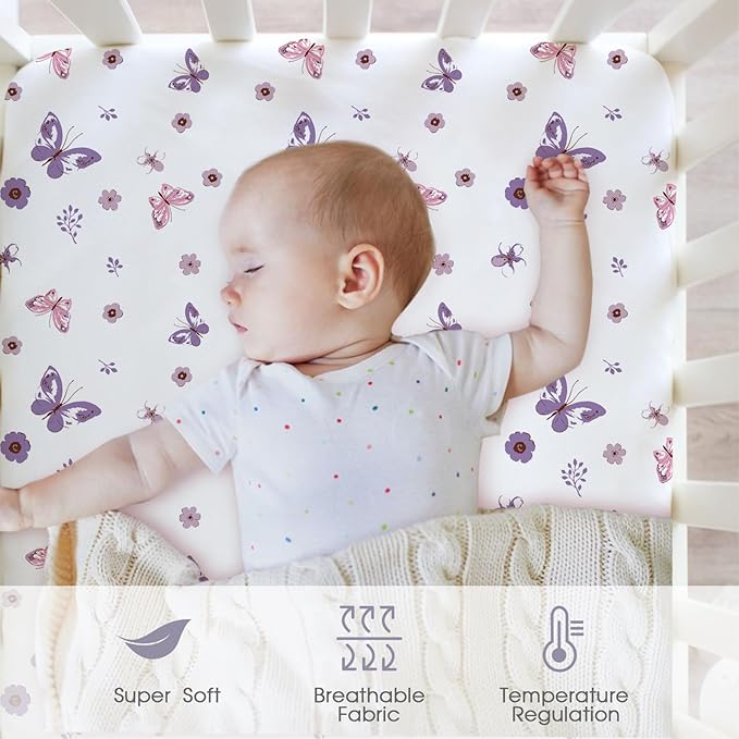 Bimocosy Baby Crib Sheets for Girls, Fitted Crib Sheet 4 Pack for Standard Crib and Toddler Mattresses, Super Soft Breathable Microfiber Baby Sheet 28x52x8in, Ditsy Floral/Pink/Butterfly/Purple