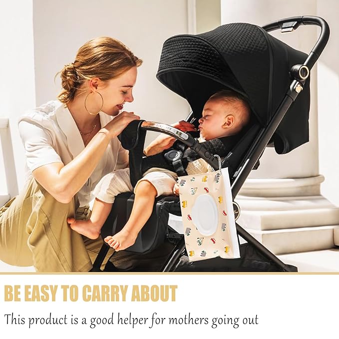 FEBSNOW 2 Pack Baby Wipes Dispenser, Portable Refillable Wipe Holder Baby Wipes Container Travel Wipes Case Reusable Wet Wipes Pouch (Dinosaur, Car)