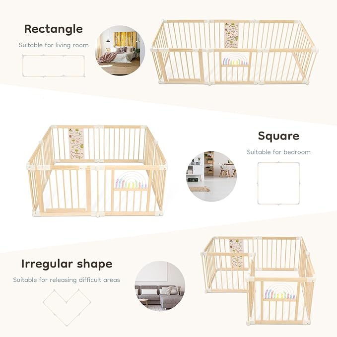 Foldable Wooden Baby Playpen Activity Center,Adjustable Size & Shape Portable Play Yard, Baby Fence Play Area with Gate for Indoor Use for Babies and Toddlers(56x56x24inches)