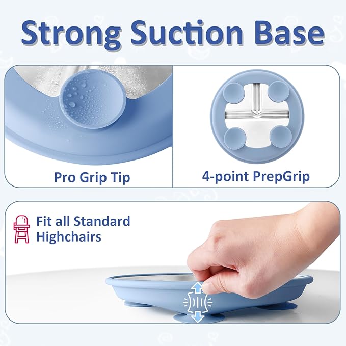 Stainless Steel Suction Plates for Toddlers, 9" Divided Kids Baby Plates with Removable Silicone Suction, Non Toxic Non Slip Portion Control Snack Dishes 3 Packs, Blue Gray Navy