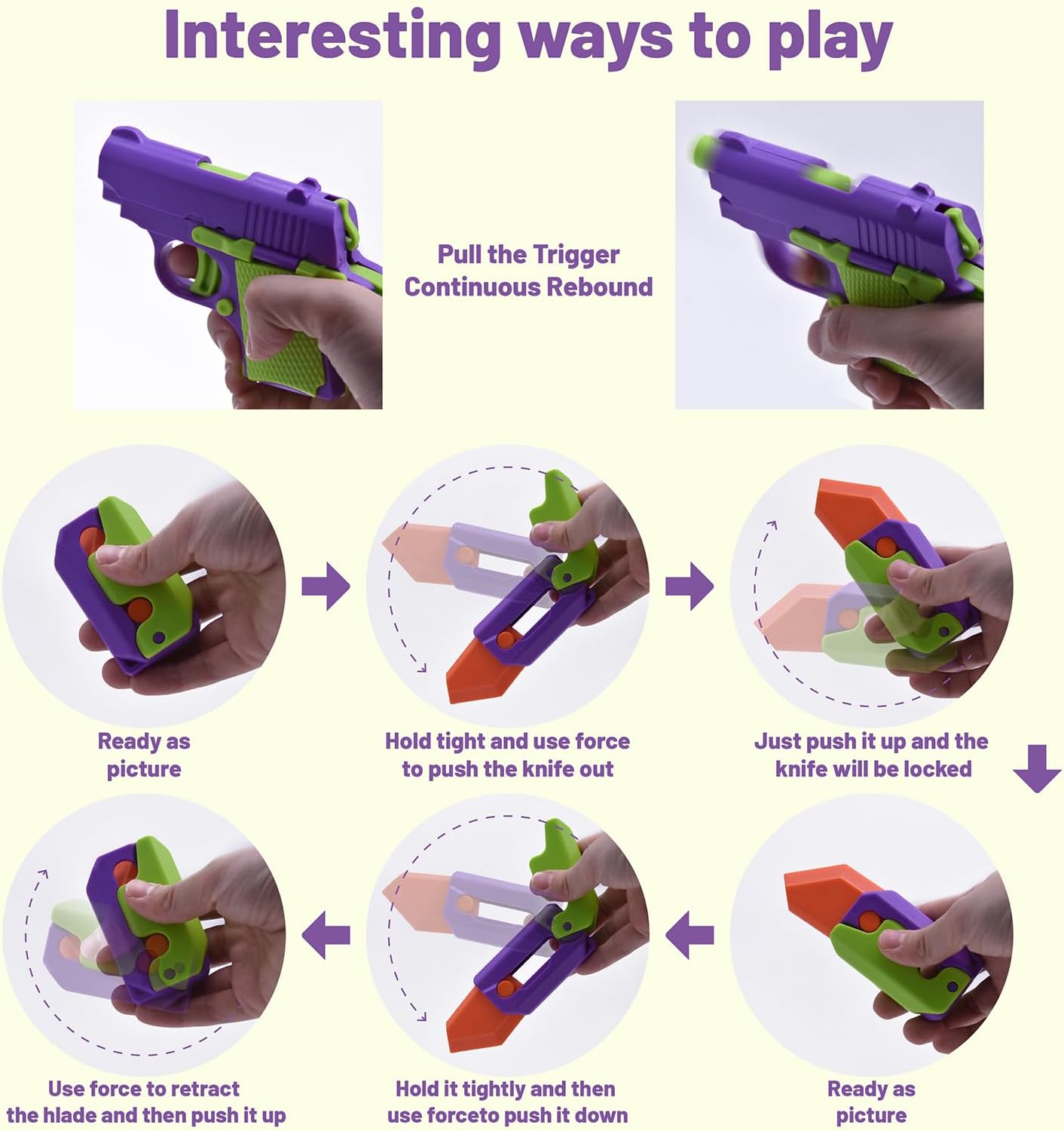 4 PCS Fidget Toys Set，3D Printing Fidget Knife Toy and Pistol Toys,Fidget Toys Adults and Kids，Sensory Toy Fidget Toys for Classroom，Suitable for Relieving ADHD,Stress, Anxiety (Purple Set)