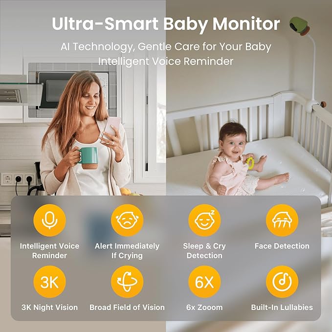 Monai Smart WiFi Baby Monitor with 3K Camera, Free APP with Covered-Face/Sleep/Cry Alerts, Virtual Safety Fence, AI-Powered Smart Baby Monitor, Night Vision, Local Storage & Cloud Backup, Clip Mount