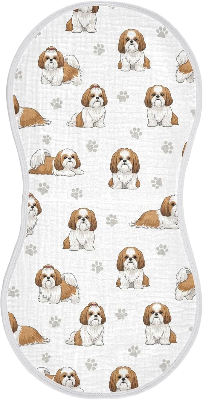 1 Pack Muslin Burp Cloths Shih Tzu Dogs White Cotton Baby Burp Cloths Ultra Absorbent Burping Cloth Soft Spit Up Rags for Baby Boys Girls 22x11 Inch