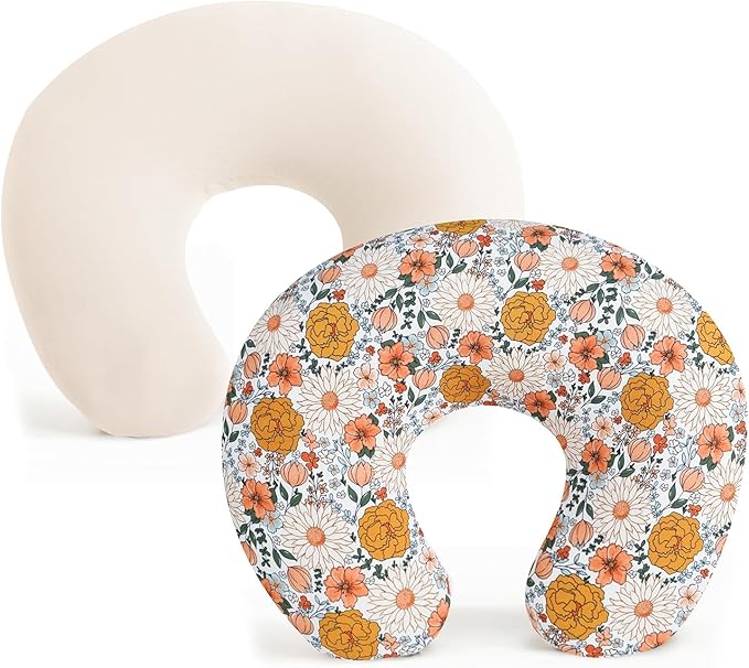 Nursing Pillow and Positioner, Breastfeeding, Bottle Feeding, Baby Sitting Support with Removable Ultra Soft Minky Cover, Tummy Time Support for Baby Boys and Girls (Flower)