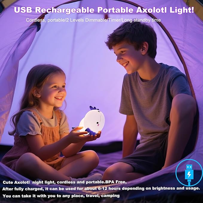 HAPPYBAG Axolotl Night Light,Cute Axolotl lamp Gifts for Kids,Dimmable Silicone Animal Nursery Night Light,Kawaii Rechargeable Bedside Touch Lamp,Baby Room Decor Axolotl Light