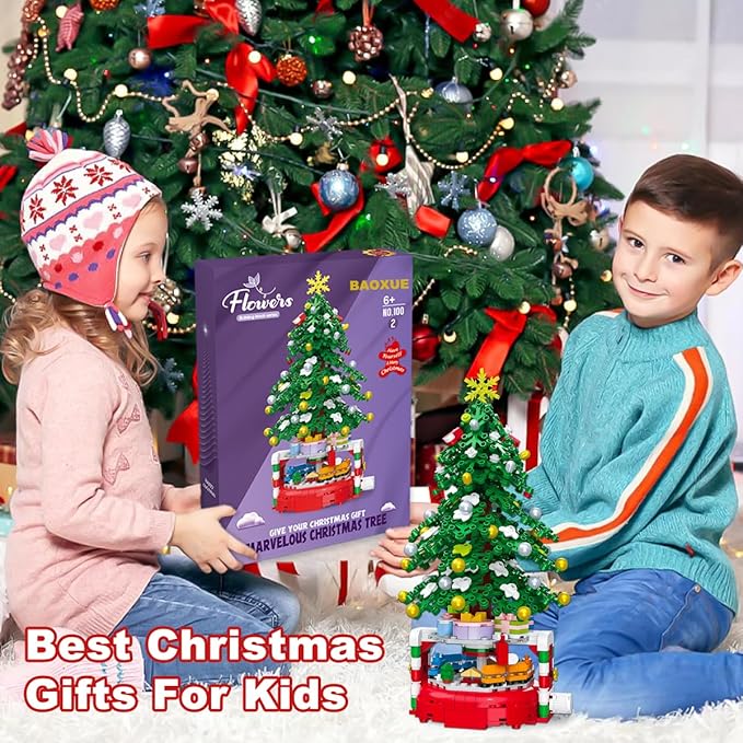 Christmas Tree Building Block Set, 515 Pieces, Rotating Base with Ornaments and Star, Holiday Building Toy, Stocking Stuffers for Kids, Gifts for Boys & Girls
