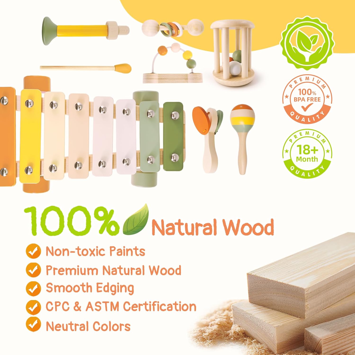 7pcs Musical Instruments Set - 18M+ Montessori Toys 2 3 4 Neutral Colors Wooden Toys for Toddlers 3-5 Percussion Instruments Modern Boho Xylophone Sensory Gifts Boys Girls