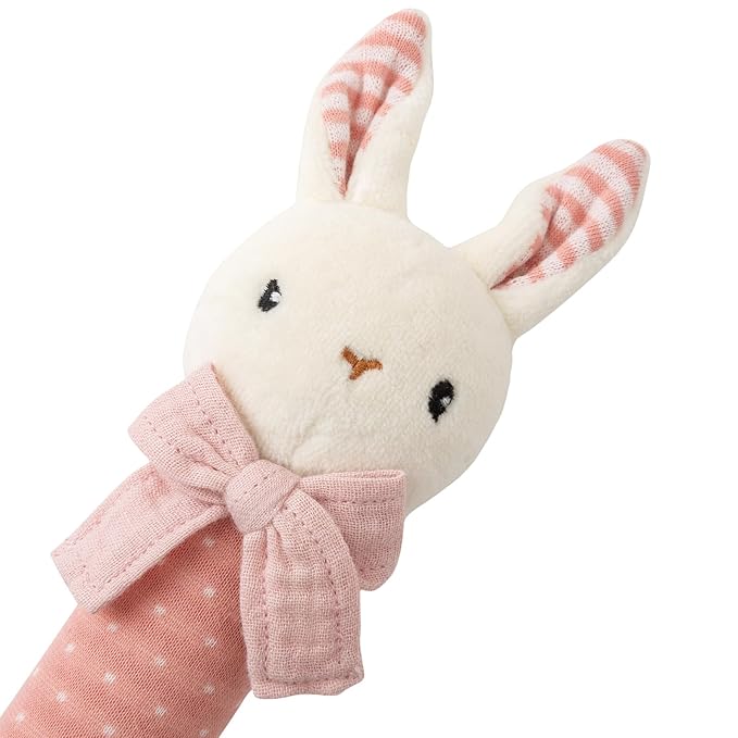 Organic Cotton Stuffed Animal Rattle Baby Toys, Hand Grip Rattle Squeaker Sticks Toys, Bunny Cuddle Cloth and Ring Rattle Plush Toy Set for Newborns Infant Boys Girls, 2 PCS