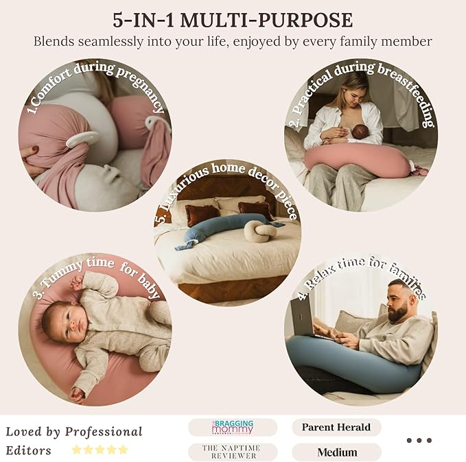 Pregnancy Pillow 5-in-1 【Cooling Cover, Adjustable to Grow with Belly】 Beanbag Style, Lockable O-Shape Nursing Maternity Pillow, 5-Point Full Body Support for Side Sleepers, with Travel Bag - Blue