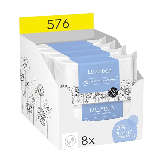 Hypoallergenic & strong Baby Wipes with 99% Water, Unscented & Plastic-free, 8 resealable Packs (576 Wipes Total)