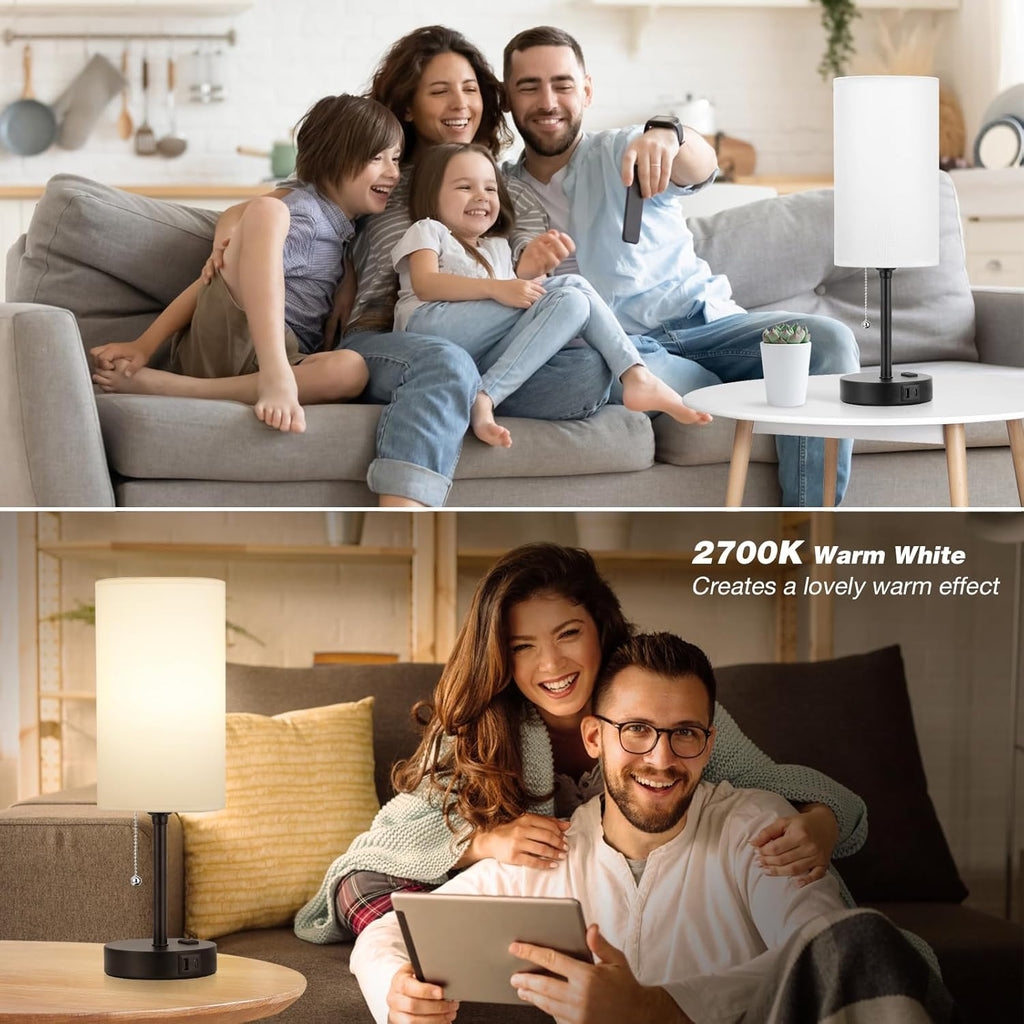 Dicoool 17Inch Tall Bedroom Lamps with USB C and A Ports 3 Color Temperatures - Pull Chain White Nightstand Bedside Table Lamp with AC Outlet, Side Lamp for Living Room End Table