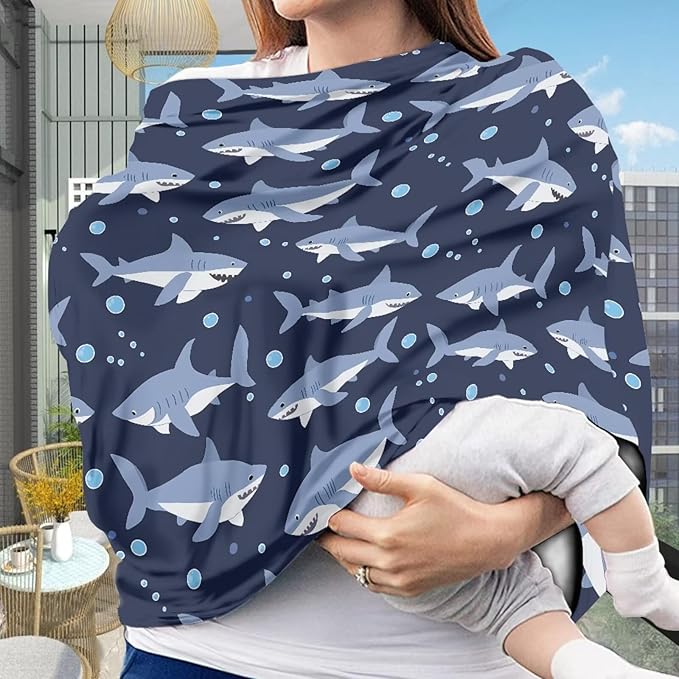 Binienty Cartoon Shark Print Car Seat Canopies for Baby Boys Girls, Women's Light Soft Nursing Cover Breastfeeding Scarf Breathable Stroller Cover for Sun and Windy
