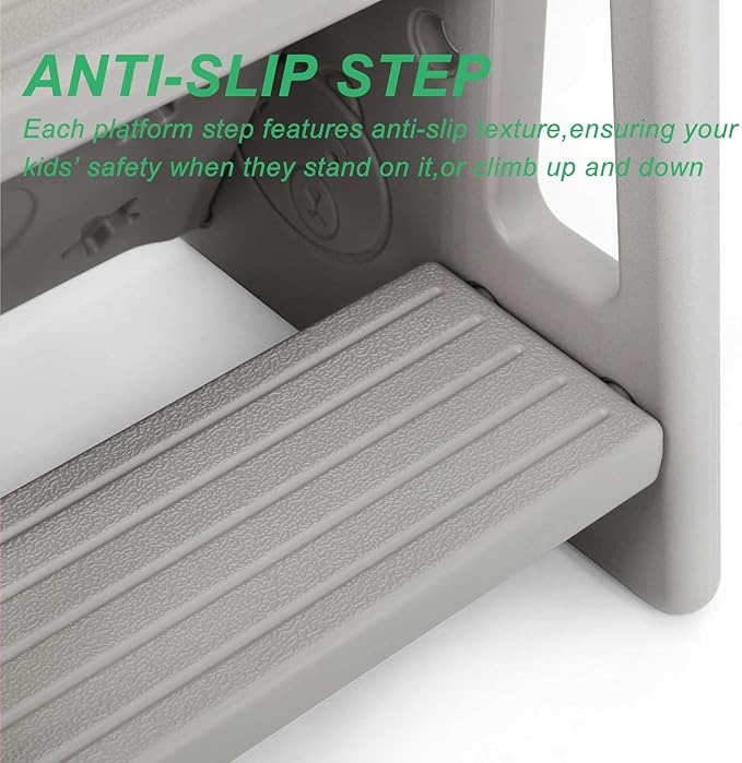 Nursery Kitchen Step Stool w/ 3 Adjustable Heights Toddler Standing Tower Kids Learning Stool w/Double Safety Rails & Non-Slip Foot Pads Cooking Stool Stand Helper Bathroom Counter Footstool (Grey)