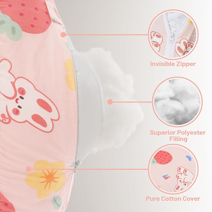 Nursing Pillow for Breastfeeding, Animal Patterns Removable Cotton Cover, Machine Washable, Strawberry Pattern （Candy Pink）