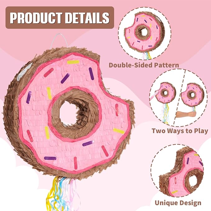 WERNNSAI Donut Piñata - Pink Donut Pinata with String Birthday Partyn Decorations Piñata with Stick Blindfold for Girls Kids Dount Pull String Pinata Family Games Birthday Party Supplies