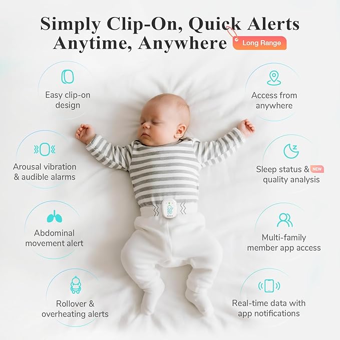 Sense-U Pro Baby Monitor(Long Range) – Tracks Breathing Movement, Rollover & Temperature Anywhere for Better Sleep, Simple Clip-On Smart Tracker with Arousal Vibration, Audible Alerts & Sleep Analysis