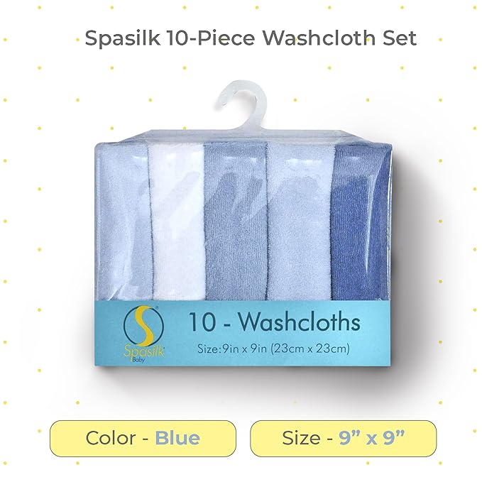 Spasilk Washcloth Wipes Set for Newborn Boys and Girls, Soft Terry Washcloth Set, Pack of 10, Blue