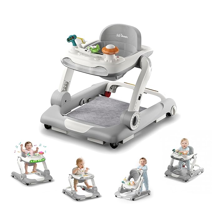 Baby Walker with Wheels, 5 in 1 Walker for Baby Boy Girl with Bouncer, Music and Lights Baby Jumper Activity Center, Adjustable Height, Push Walker for Ages 7-18 Months Toddler (Gray)