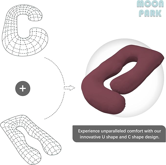 MOON PARK Pregnancy Pillows for Sleeping - U Shaped Full Body Maternity Pillow with Removable Cover - Support for Back, Legs, Belly, HIPS - 65 Inch - Burgundy