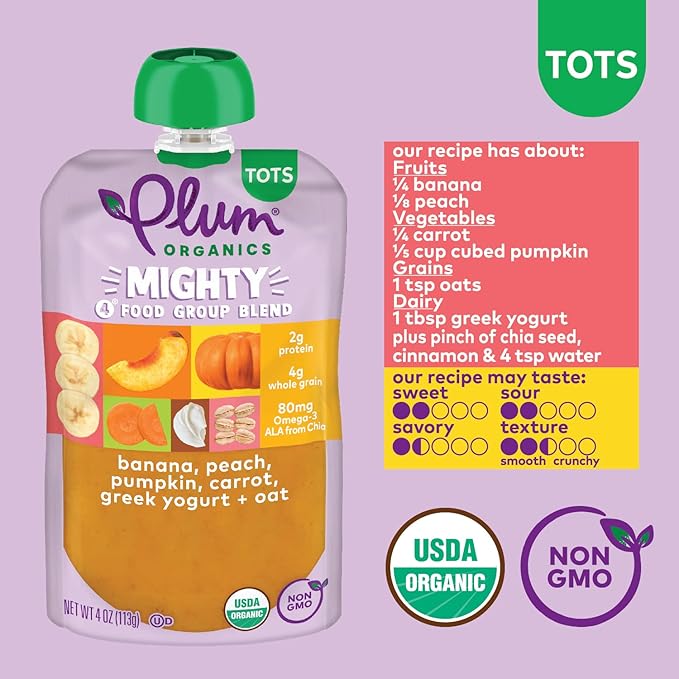 Plum Organics Mighty 4 Organic Toddler Food - Banana, Peach, Pumpkin, Carrot, Greek Yogurt, and Oat - 4 oz Pouch (Pack of 12) - Organic Fruit and Vegetable Toddler Food Pouch