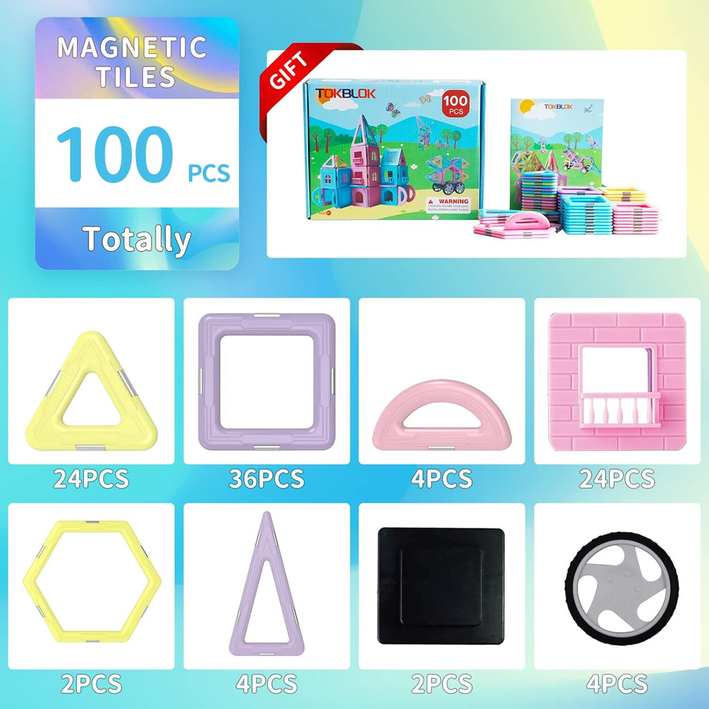 TOKBLOK Magnetic Tiles Toys for 3 4 5 6+ Year Old Girls Boys 100Pcs Macaron Magnet Building Blocks Set for Toddler STEM Educational Toys for Kids Birthday Gifts (Castle & Car Set)