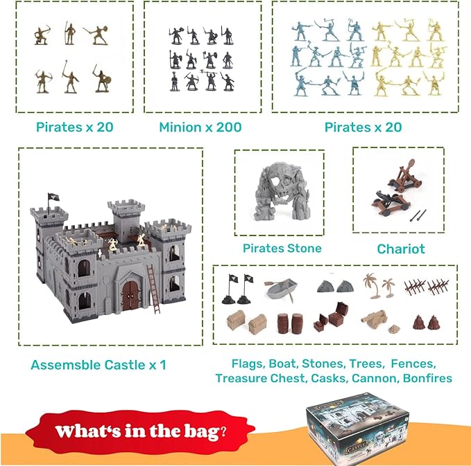 310pcs/set Medieval Pirates Theme Castle Knights Action Figure Toy Army Playset with Castle, Toy Soldier, Catapult, Siege Crossbow, Treasure Chest (Pirates Themed Castle Set)