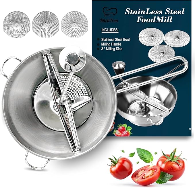 Food Mill with 3 Grinding Milling Discs,Bowl & Milling Handle Safe Stainless Steel meal grinder Perfect food mill for tomato, Potato Masher, Vegetable Chopper, Baby Food Processor (Silver)