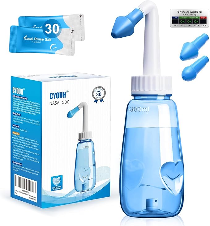 Neti Pot Sinus Rinse Bottle Nose Wash Cleaner Pressure Rinse Nasal Irrigation for Adult & Kid BPA Free 300 ML with 30 Nasal Wash Salt Packets and Sticker Thermometer(Blue)