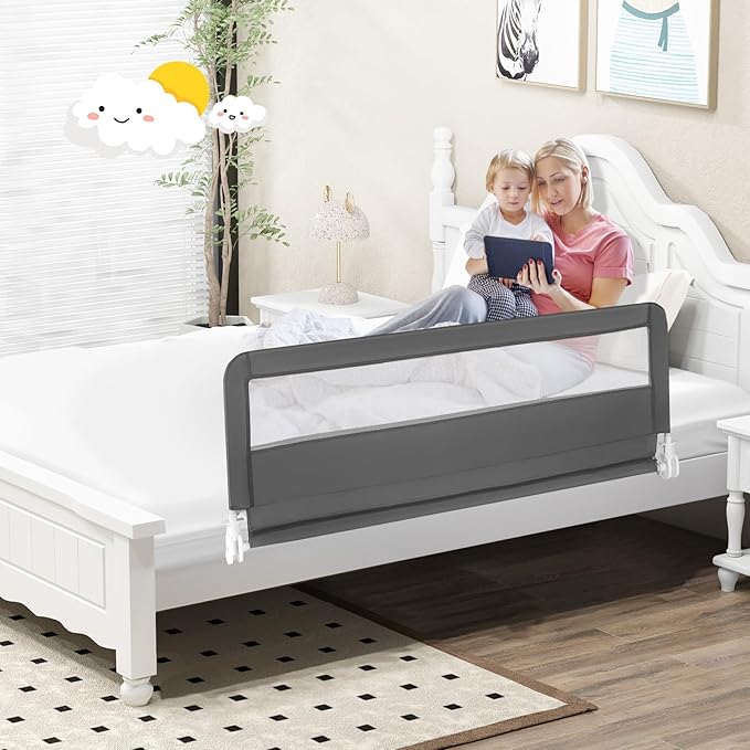 Costzon Bed Rail for Toddlers, 2 PCS Extra Long Swing Down Safety Bed Guards w/Straps for Convertible Crib, Kids Twin, Double, Full Size, Queen & King Bed, Folding Bed Rails for Baby (59-Inch, Gray)