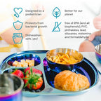 Ahimsa Stainless Steel Plates for Kids - Divided Plates for Toddlers, Pediatrician Designed, Non Toxic Toddler Plate, BPA Free & Dishwasher Safe (Blue Set of 4)