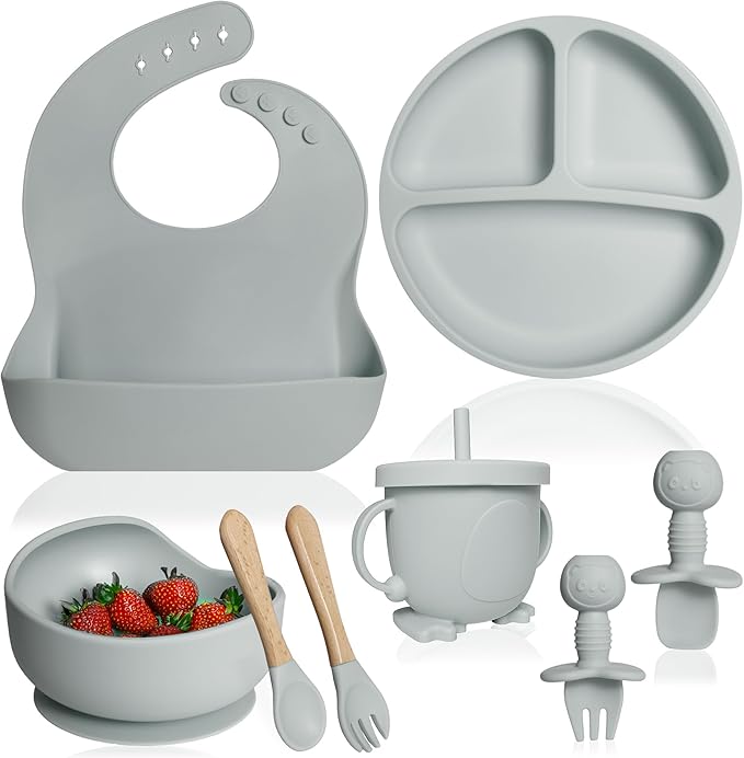 Bluet B- Silicone Baby Feeding Set - Baby Led Weaning Supplies - Baby Spoons, Suction Bowl - Plate - Baby Utensils - Silicone Feeding Set for Baby First Foods, Infant Eating - 8pcs - Gray