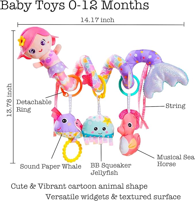Baby Car Seat Toys, Car Seat Toy for Babies Infants 0-6 Months Activity Spiral Mermaid Hanging Stroller Toys Gift for Baby Girls 0 3 6 12 Months Newborns Sensory Toys with Rattles Squeaker Music- Pink