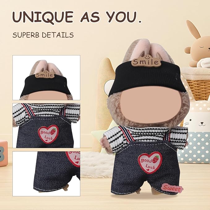 5 Complete Style Clothes Sets for 17cm Dolls - Hat & Overalls Dress Up Outfit for 17cm 15cm Dolls,Designer Outfits Bundle with Luxury/Cute/Sporty Themes, Gift for Doll Lovers (Smile, 17cm/15cm)