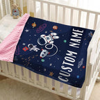 Custom Name Baby Blanket – Plush Flannel Receiving Swaddle with Double-Layer Dotted Backing – Astronauts and Blue Space Theme for Infants and Toddlers