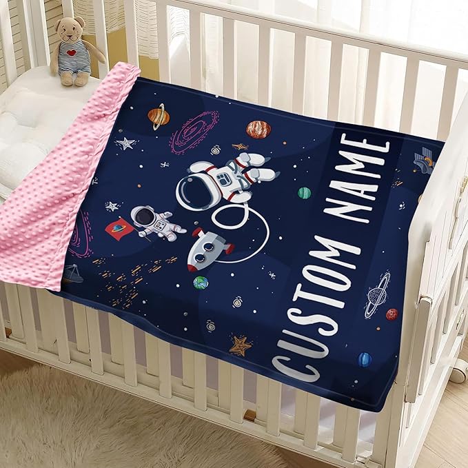 Custom Name Baby Blanket – Plush Flannel Receiving Swaddle with Double-Layer Dotted Backing – Astronauts and Blue Space Theme for Infants and Toddlers