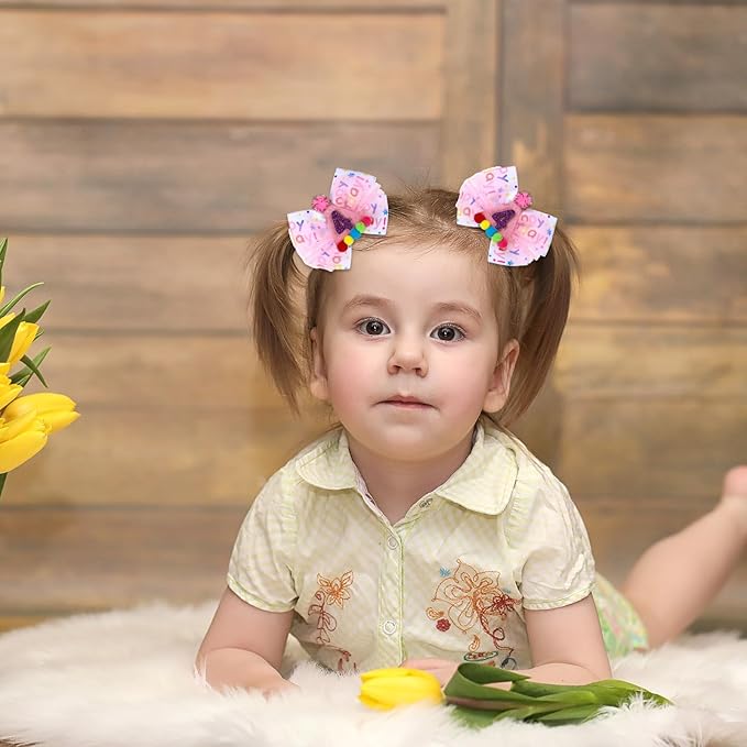 Birthday Hair Bow for Baby Girls 1 2 3 4 5 6 Year Old Sprinkle Hair Clips Happy Birthday Decorations for Girls Toddlers With Pom-Poms Ice Cream Candy Party Pink Hairs Accessories for 4th Sweet Party