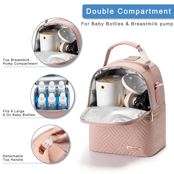 Breastmilk Cooler Bag with Ice Pack Fits 6 Baby Bottles up to 9 Ounce, Breast Milk Pump Cooler Bag with Shoulder Strap for Nursing Mom Daycare, Work, Travel- Pink