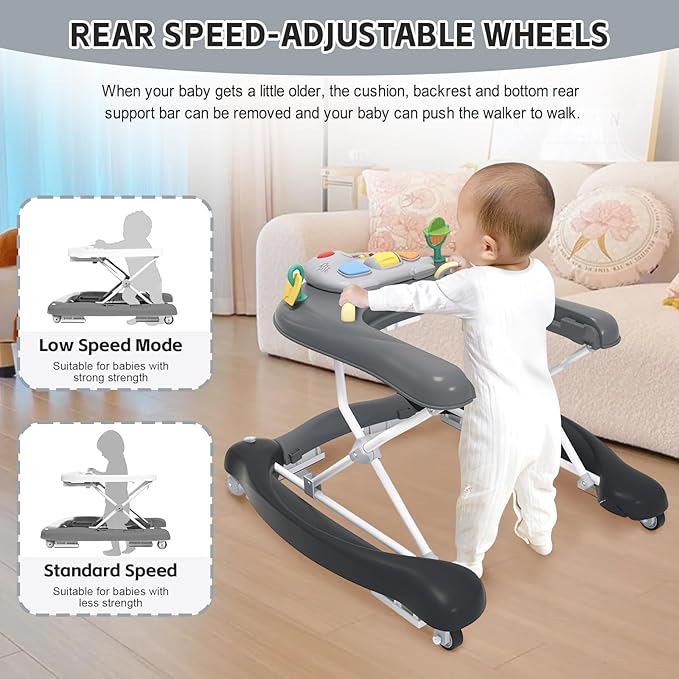 5 in 1 Foldable Baby Walker,Activity Baby Walker-Baby Bouncer,Rocker,Activity Center,Seat and Push Walker,Detachable Footrest Mat,Adjustable Speed Rear Wheels and Height,Ages 6-18 Months (Black)