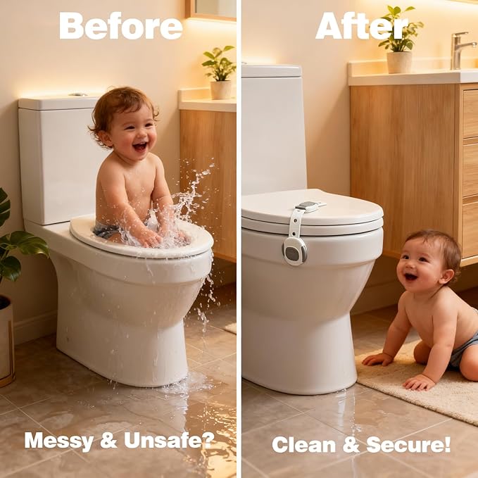 Baby Proof Toilet Lock (4-Pack) - Child Safety Cabinet Locks for Toilet Seat, Drawers, Fridge, Doors | Easy Install with Strong 3M Adhesive | Non-Toxic & Adjustable Strap for Toddler & Pet Safety